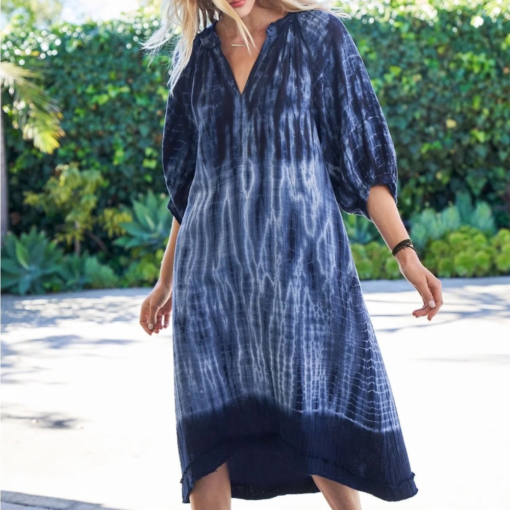 Ocean+Main Navy Tie Dye Gauze Dress with Pockets, Blue, 2X